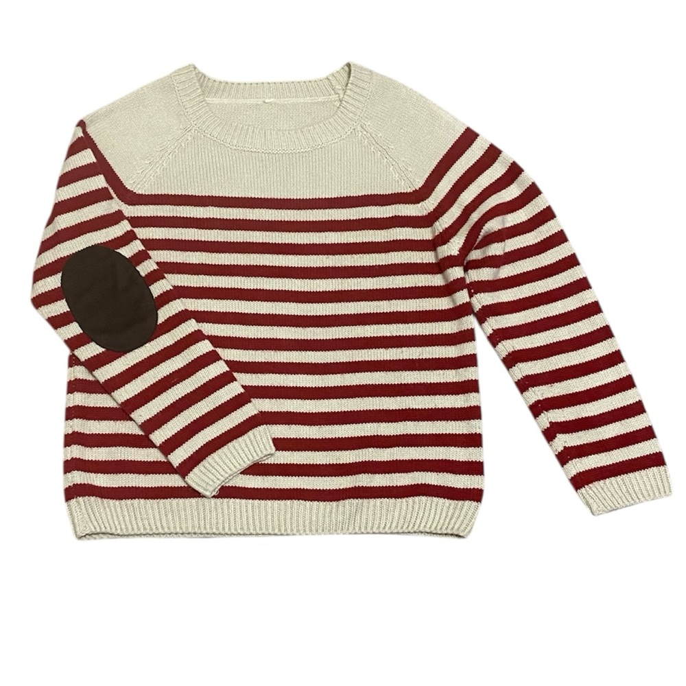 Kate Collection Striped Knit Sweater with Elbow Patch Red and Cream Size Medium